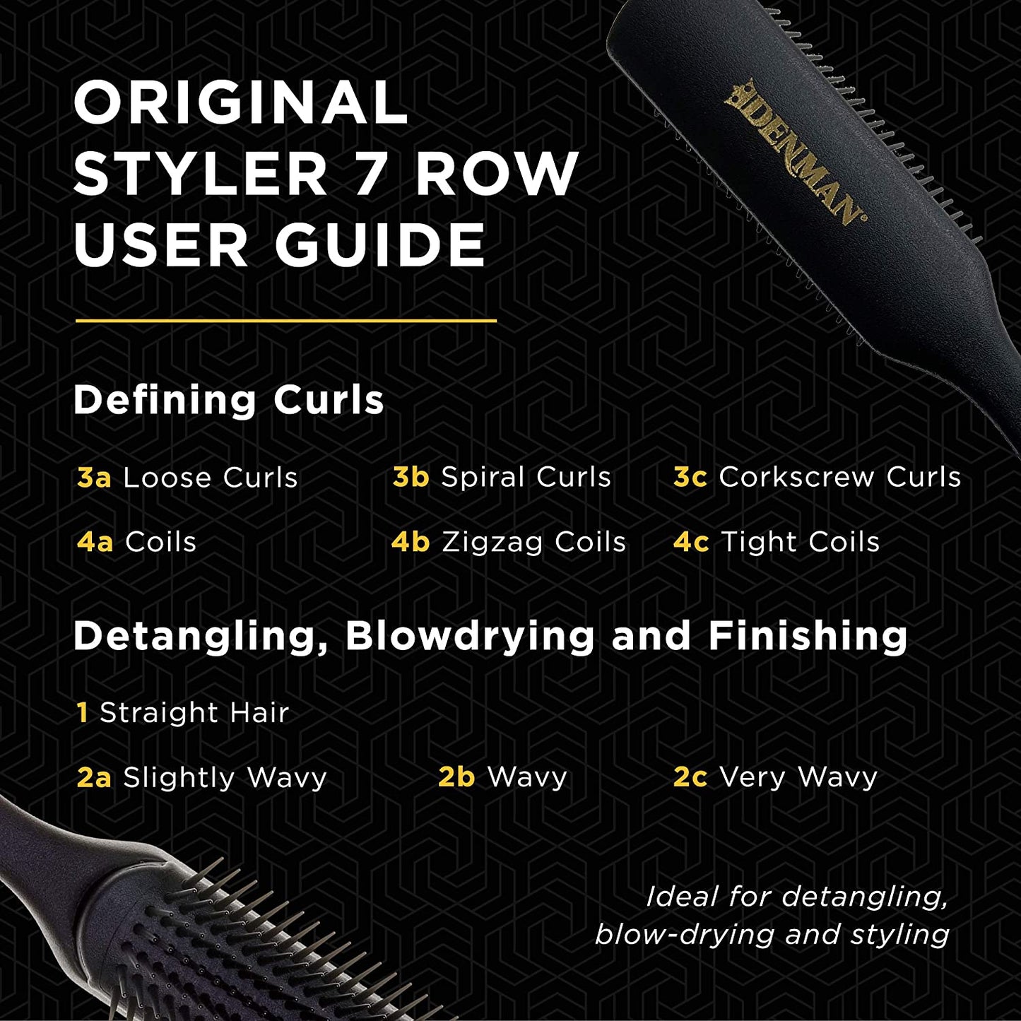 Jack Dean by Curly Hair Brush D3 (All Black) 7 Row Styling Brush for Detangling, Separating, Shaping and Defining Curls - for Women and Men